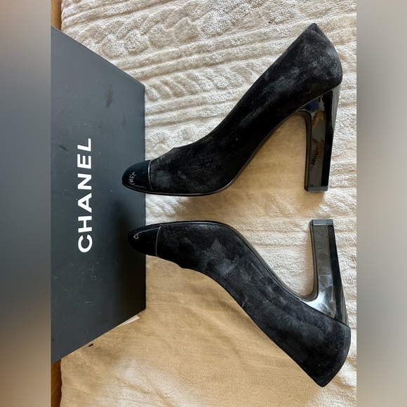 Chanel Cap Toe Blk Suede  Platform High Heel Round Toe W Pump size 9.5 - Picture 9 of 16